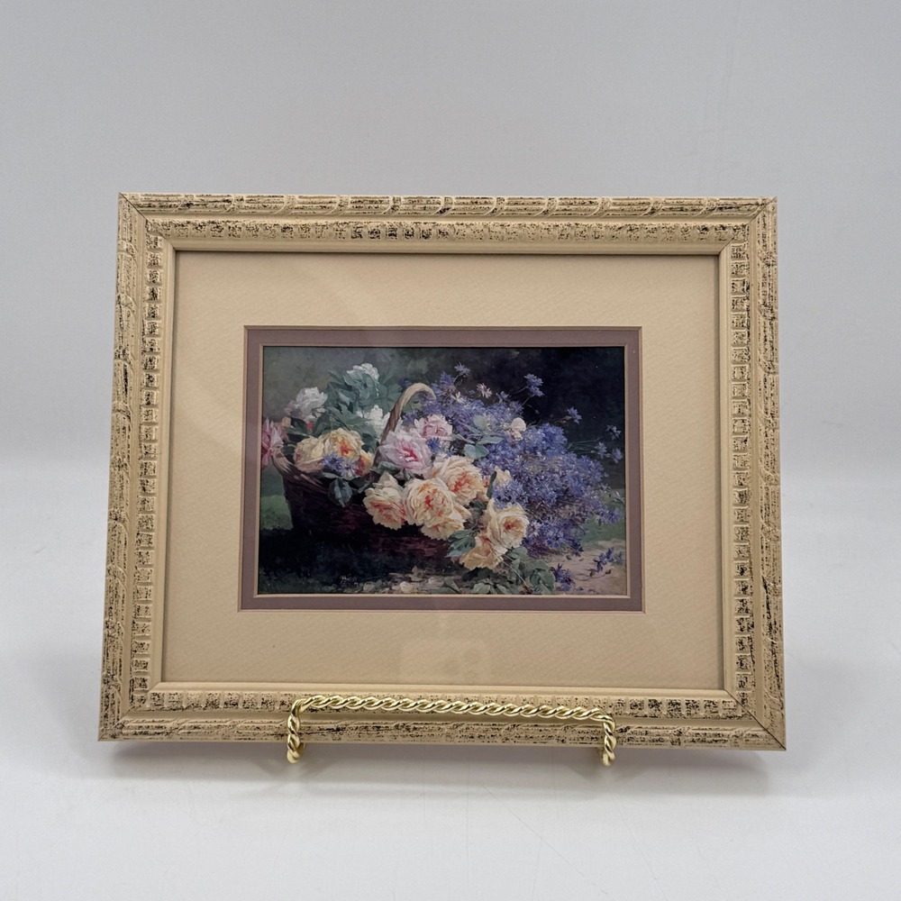 Framed Floral Still Life Print Basket of Flowers Distressed Cream Frame